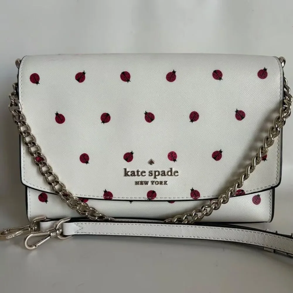 Kate Spade Ladybug Print Crossbody Bag White Saffiano Leather Chain Strap Purse